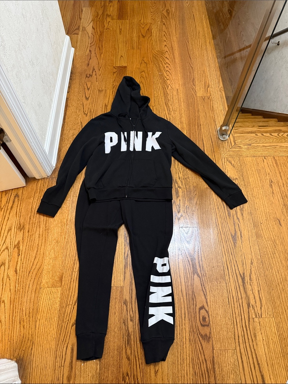 PINK Victoria's Secret Black Zip-Up Hoodie with White Logo